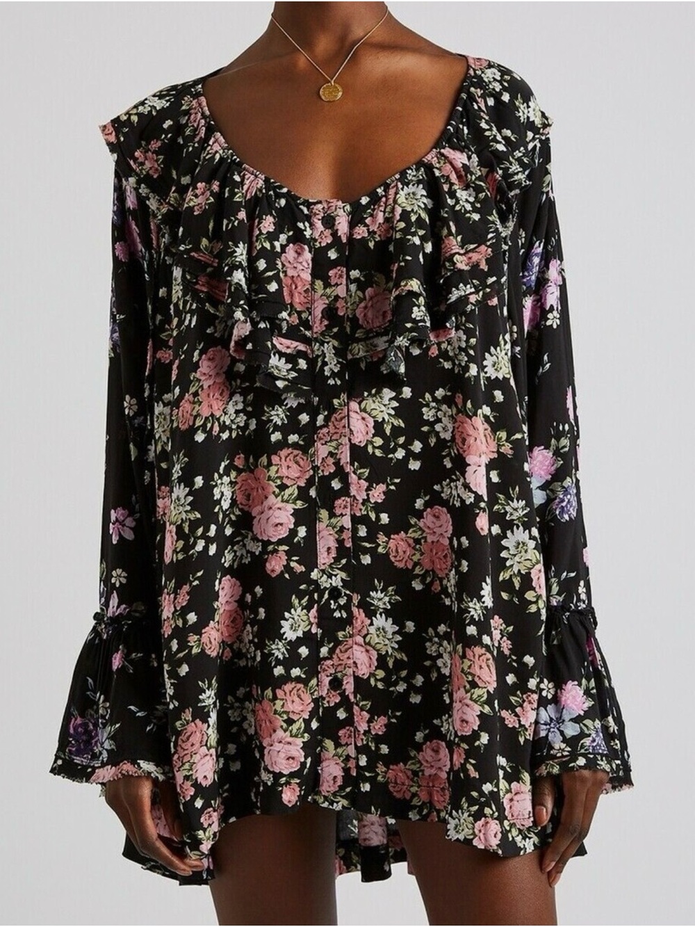 Free People Oversized XS Black Floral Ruffled Long-Sleeve Mini Dress Blouse